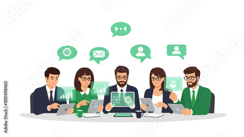 Business meeting with digital technology and communication icons