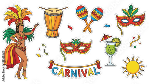 Brazilian Carnival. Set of hand-drawn stickers