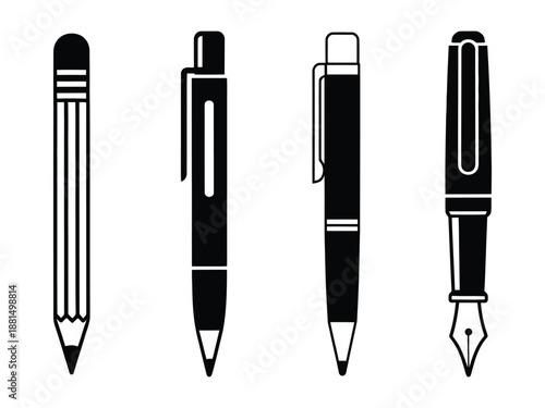 Writing Instruments Icons Set with Pencil, Ballpoint Pen, Marker and Fountain Pen Isolated on White