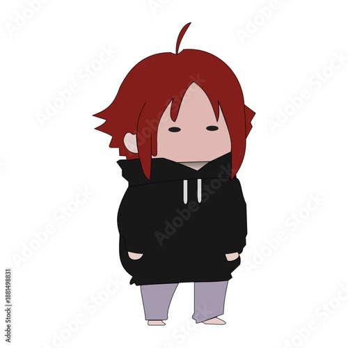 Cute Chibi Boy Character with Red Hair Wearing Black Hoodie Vector