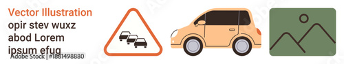 Transportation, safety, traffic rules, road signs, automobile design, travel. Warning sign with cars, compact orange vehicle icon and scenic green mountain symbol. Transportation and safety concept