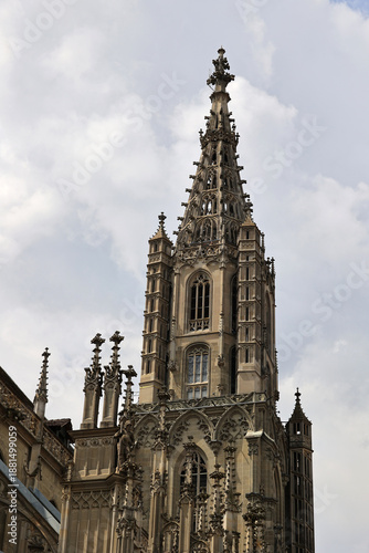 The Gothic bell tower of Bern Minster, Switzerland