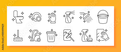 Cleaning set icon. Toilet, gloves, mop, spray, bucket, brush, vacuum, bin, shower, sponge, cleaner, tool, hygiene, home, sanitation, sparkle, wash, shine, housekeeping, disinfect