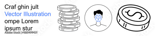 Fintech, biometrics, cryptocurrency, identity verification, digital wallets, secure transactions. Stacked coins, face recognition diagram dollar coin illustration. Biometrics and cryptocurrency