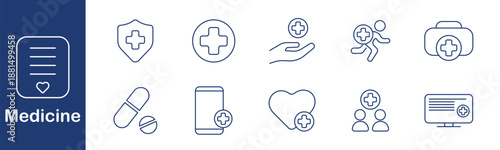 Medicine set icon. Document, shield, cross, hand, runner, kit, pill, phone, heart, group, monitor. Healthcare, protection, medical, support, treatment, digital, emergency, online, health, system.