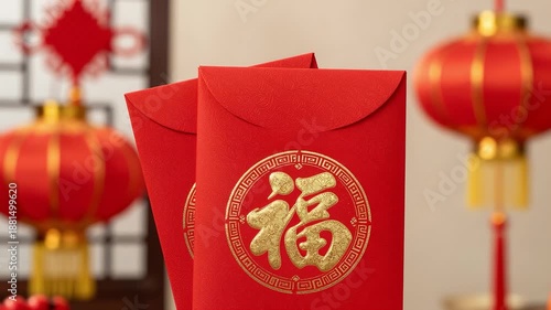 Red envelopes with gold Fu character against festive lanterns background