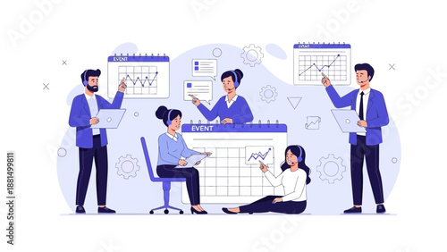 Business Team Planning and Scheduling with Calendars and Charts - Flat Illustration