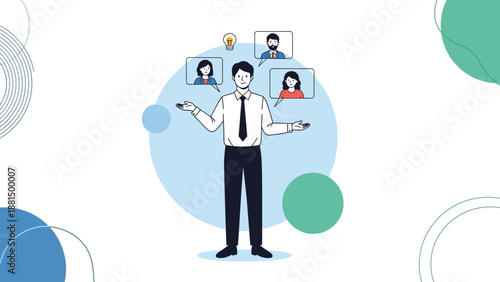 Businessman juggling remote team communication and ideas