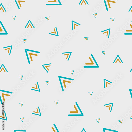 Seamless geometric pattern of minimalist blue and gold abstract arrowheads and triangles scattered on a clean, light grey background.