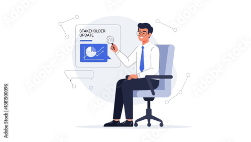 Businessman presenting stakeholder update with charts on screen