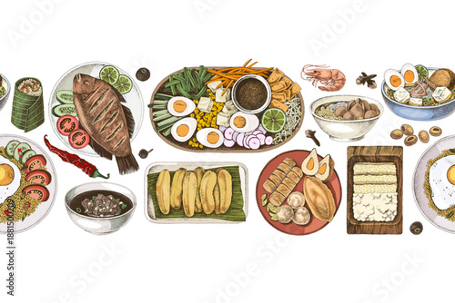 Indonesian cuisine seamless border vector