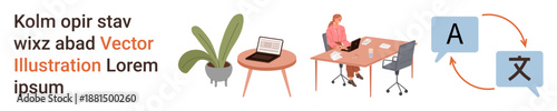 Remote work, workspace organization, translation services, language learning, cross-cultural communication, and productivity tools. Desk with laptop and plant, person working, translation exchange