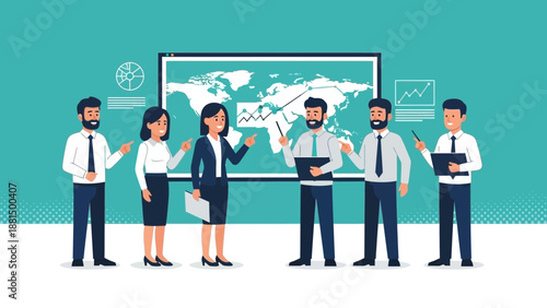 Business Team Meeting Presentation World Map Chart Analytics Strategy