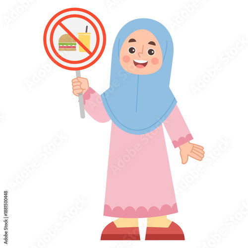 Cartoon Girl Holding No Food Sign. Illustration of Ramadan fasting