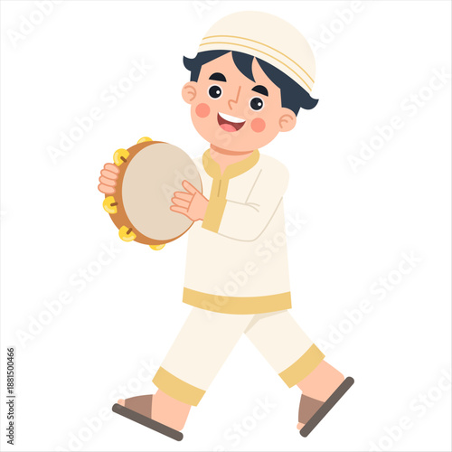 Illustration of Boy Playing Tambourine for Ramadan