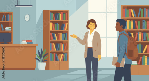 Librarian Assisting Reader
A flat vector illustration of a librarian helping a reader find a book. Librarian gestures toward shelves. Flat vector style, friendly and helpful atmosphere.