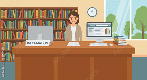 Librarian at Information Desk
A flat vector illustration of a librarian sitting or standing at an information desk. Computer, catalog system, and books visible. Flat vector style,
