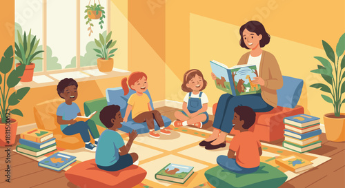 Librarian Reading to Children
A flat vector illustration of a librarian reading a book to children during story time. Cushions, picture books, and warm colors visible. Flat vector style, educational