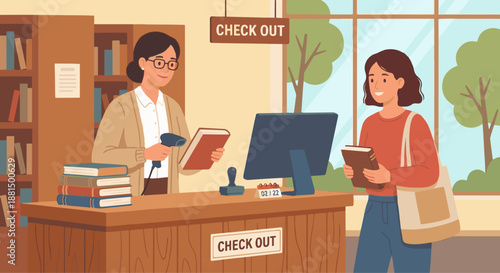 Librarian Checking Out Books
A flat vector illustration of a librarian scanning or stamping books at the checkout counter. Flat vector style, everyday library service scene.