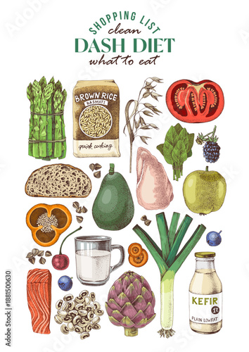 DASH diet ingredients vector. Healthy eating poster for people to stop hypertension
