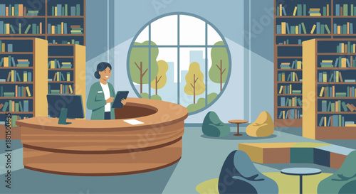 Librarian in Modern Library
A flat vector illustration of a librarian working in a modern library with large shelves and open space. Flat vector style, contemporary education environment.