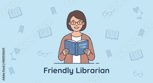 Friendly Librarian Portrait
A flat vector illustration of a friendly librarian smiling confidently, holding a book. Simple background with reading icons. Flat vector style ideal for branding 