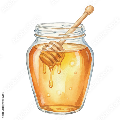 Watercolor Honey Jar Vector Illustration Sweet Natural Food Isolated on White
