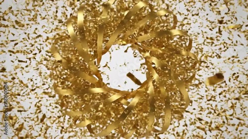 Golden confetti explosions create a festive frame on a clean white background.