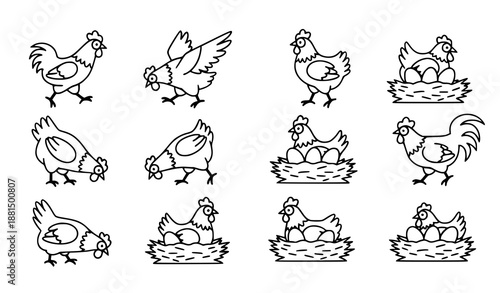 Chicken Vector Icons Set Outline and Silhouette Illustration for Print and Web