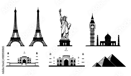 World Monuments Vector Icon Set Isolated on White Background