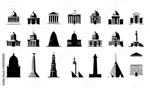 World Monuments Icons Vector Set Flat Silhouette Design