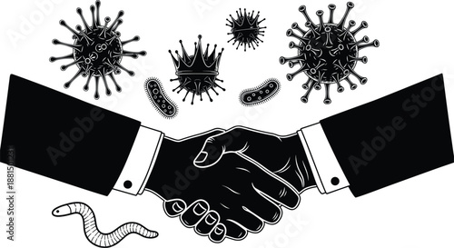 Black and white illustration of handshake surrounded by germs and viruses, symbolizing disease transmission, hygiene awareness, and infection risk for health-related design and education.