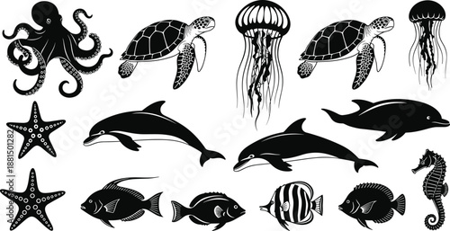 Black and white marine life illustration featuring diverse sea creatures like fish, dolphins, turtles, and octopus, ideal for ocean-themed educational or artistic designs.