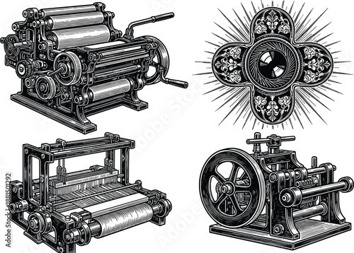 Black and white illustrations of vintage printing presses and ornate emblem, showcasing historical craftsmanship, mechanical design, and industrial artistry for creative and educational use.
