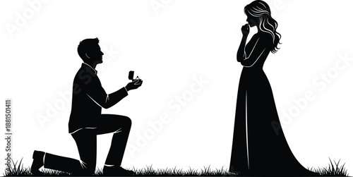 Black silhouette illustration of romantic marriage proposal outdoors, capturing emotional surprise, love, and commitment for creative, wedding-themed, and relationship-focused design projects.