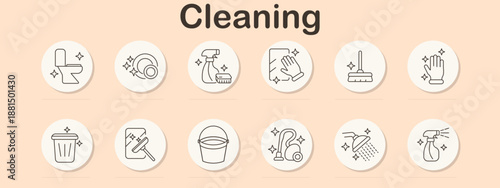 Cleaning set icon. Toilet, dishes, spray bottle, wiping, mop, gloves, bin, scraper, bucket, vacuum, shower, cleanser.