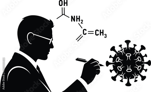 Black silhouette illustration of scientist analyzing virus and chemical structure, symbolizing medical research, virology, and biochemical study for healthcare, education, and design use.