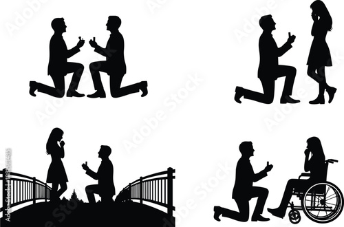 Black silhouette illustrations of diverse marriage proposals, showcasing romantic moments, inclusivity, and emotional connection for creative, relationship-themed, and design-oriented use.
