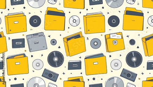 Seamless Pattern of Folders, Disks, and Cassettes for Data Storage.