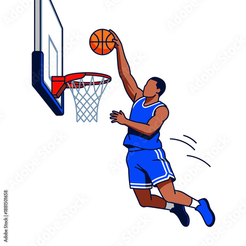 Basketball player performing a dunk, jumping high and scoring a basket, dynamic action shot