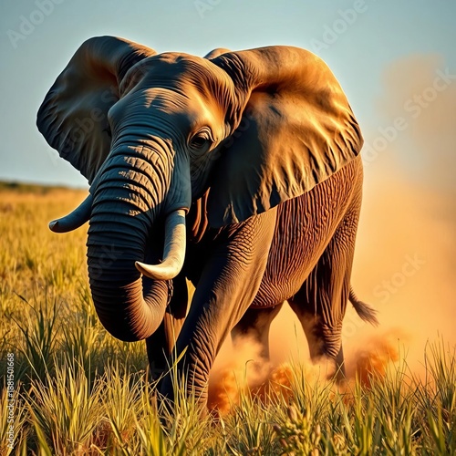 Powerful elephant bull lumbers through the tall grass, dust rising with each step ,  savanna,  nature