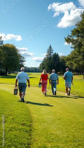 Morning golf club members walk to tee box for wellness and business meetings,  club,  members