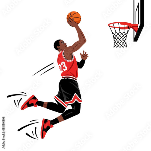 African American basketball player dunks ball into hoop, dynamic action shot