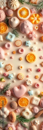 Sweet and playful flat lay pattern of delightful food and nature icons in soft dreamy pastels, a whimsical top-down artistic arrangement,  burger,  isolated