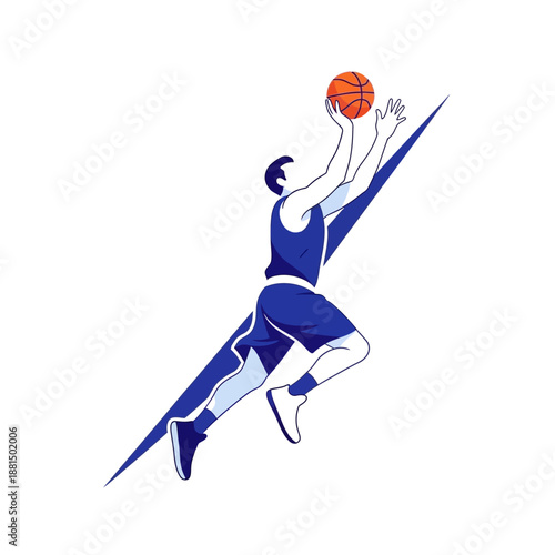 Basketball player jumping to shoot ball, dynamic action, clean vector illustration