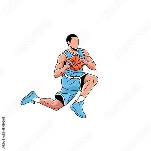 Basketball player in action, jumping with ball, dynamic pose, sport illustration