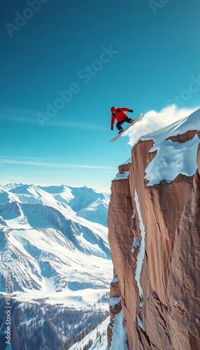 Snowboarder soars mid-air over snow cliffs, red jacket vibrant against bright sky and mountain landscape,  red jacket,  freedom