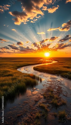 Golden hour paints a Virginia salt marsh, tidal waters meeting coastal land,  coastal, saltmarsh
