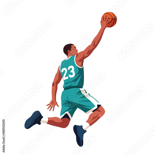 Basketball player jumping to dunk ball, action shot, sports illustration