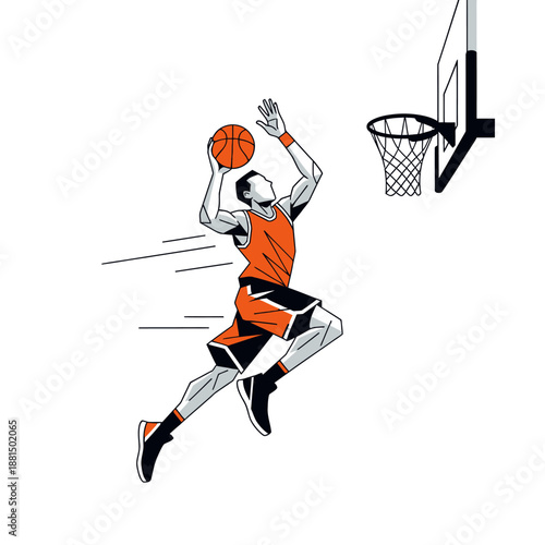 Basketball player jumping to dunk the ball into the hoop, dynamic illustration